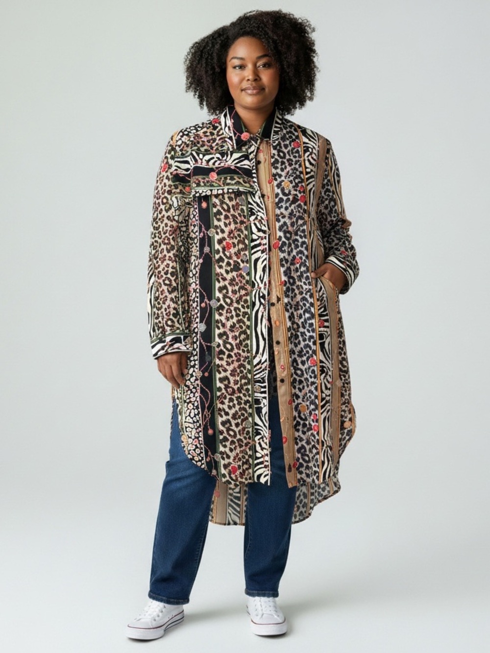 Mixed Animal Print Longline Button-Down Shirt - Black, Tan & Brown
